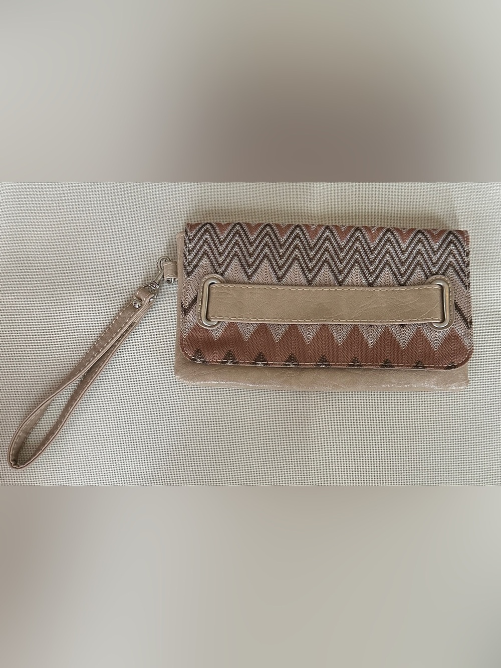 Chevron-Pattern Beige Wristlet Clutch with Wrist Strap